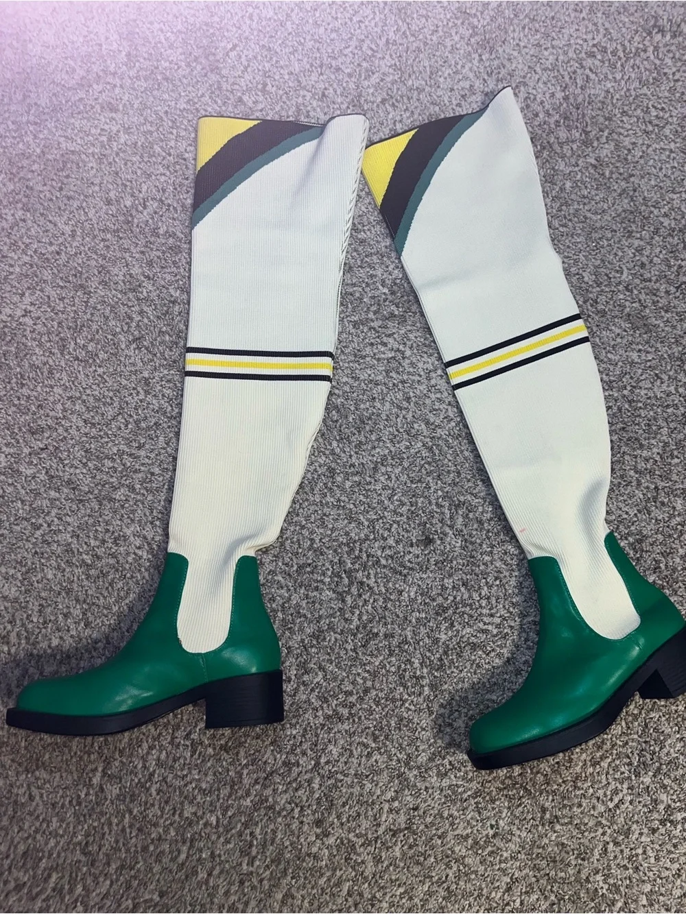 Rev-It-Up Motocross Detail Over The Knee Thigh High Long Boot In Green And Cream